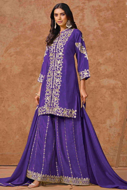Blue Colour Chinon Semi Stitched Palazzo Pant Suit VSSM1050706