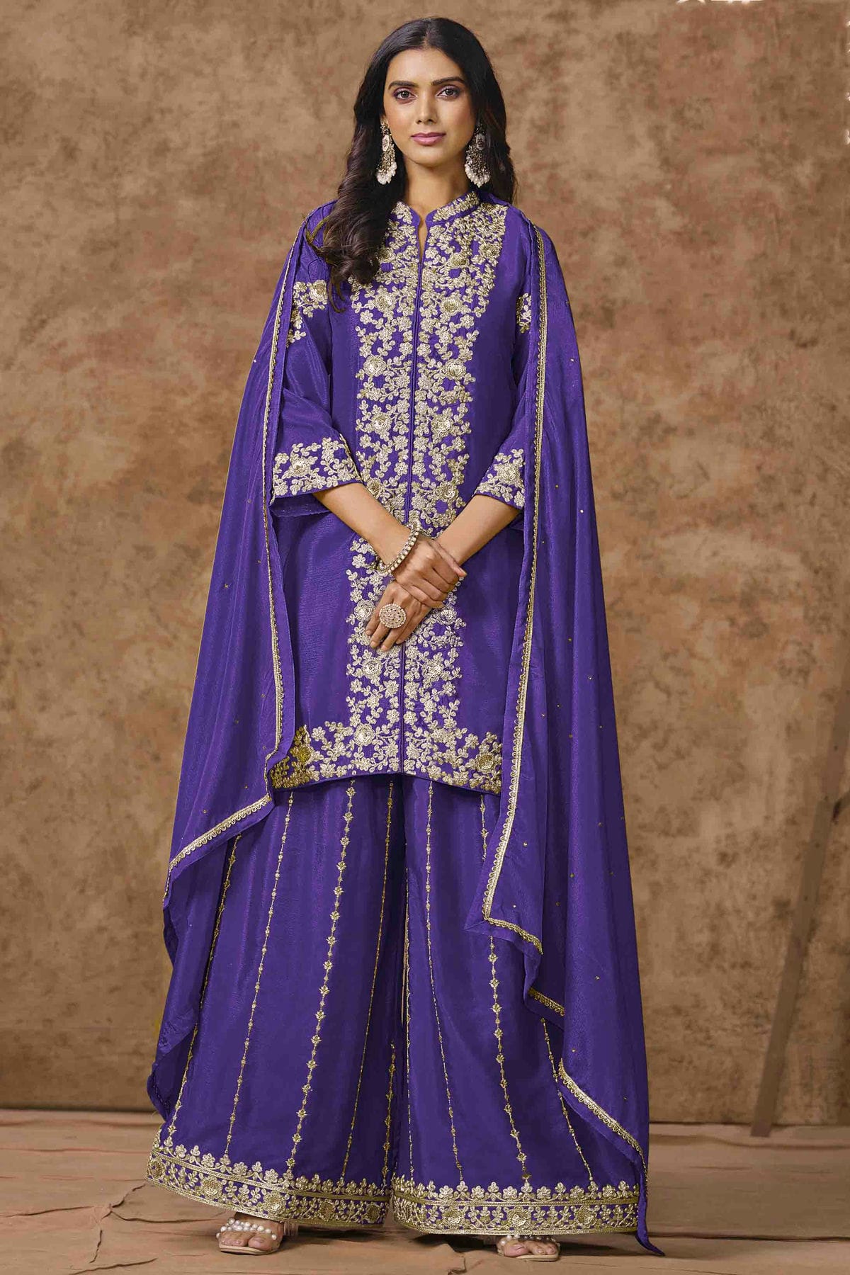 Blue Colour Chinon Semi Stitched Palazzo Pant Suit VSSM1050706