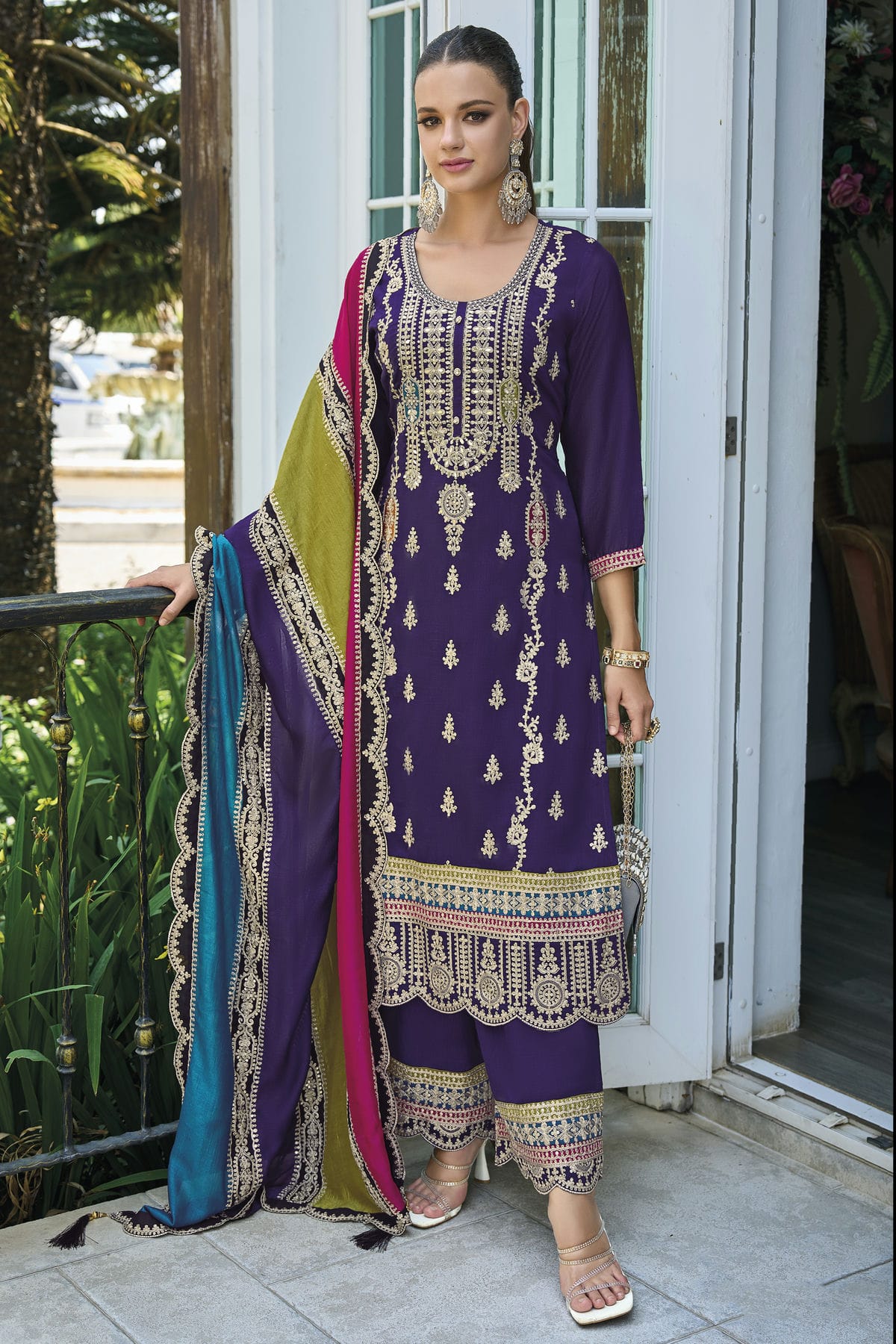 Blue Colour Chinon Silk Pakistani Suit