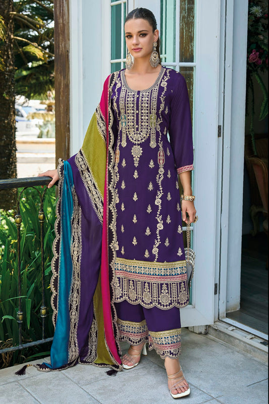 Blue Colour Chinon Silk Pakistani Suit