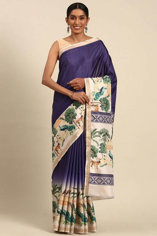 Blue Colour Cotton Digital Printed Printed Saree