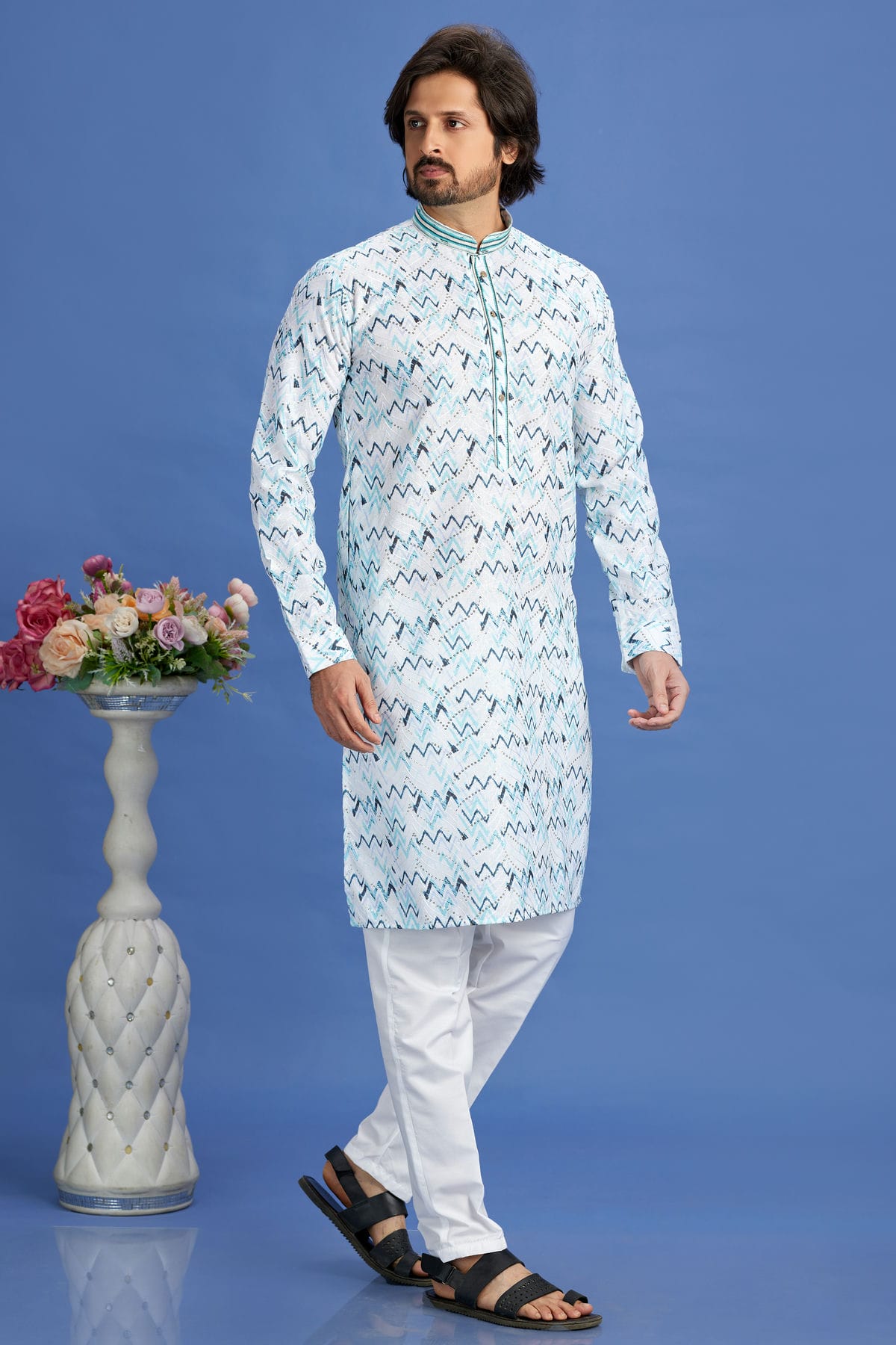 Blue Colour Cotton Pintex Work Kurta Pajama