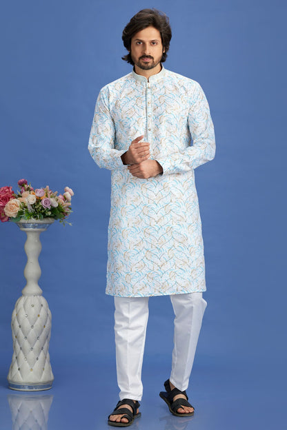 Blue Colour Cotton Pintex Work Kurta Pajama