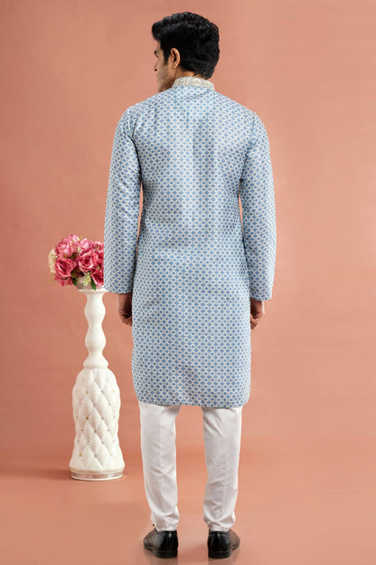 Blue Colour Cotton Thread Work Kurta Pajama VSKP1230172