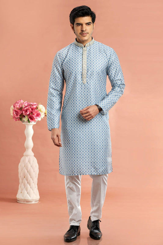 Blue Colour Cotton Thread Work Kurta Pajama