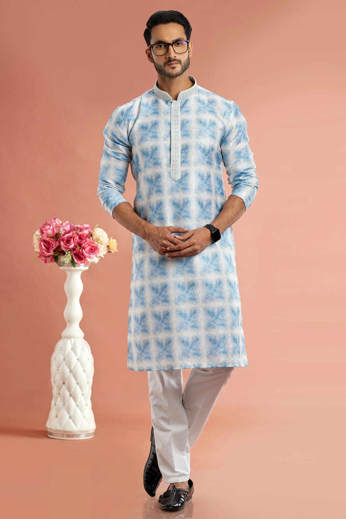 Blue Colour Cotton Thread Work Kurta Pajama VSKP1230177