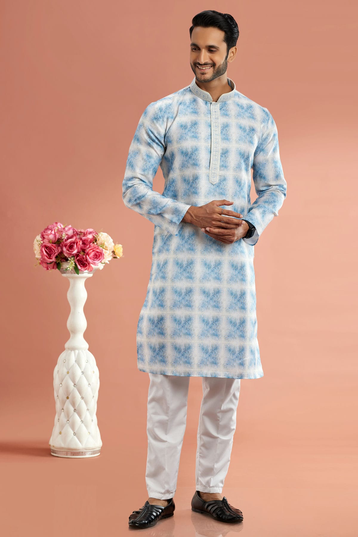 Blue Colour Cotton Thread Work Kurta Pajama