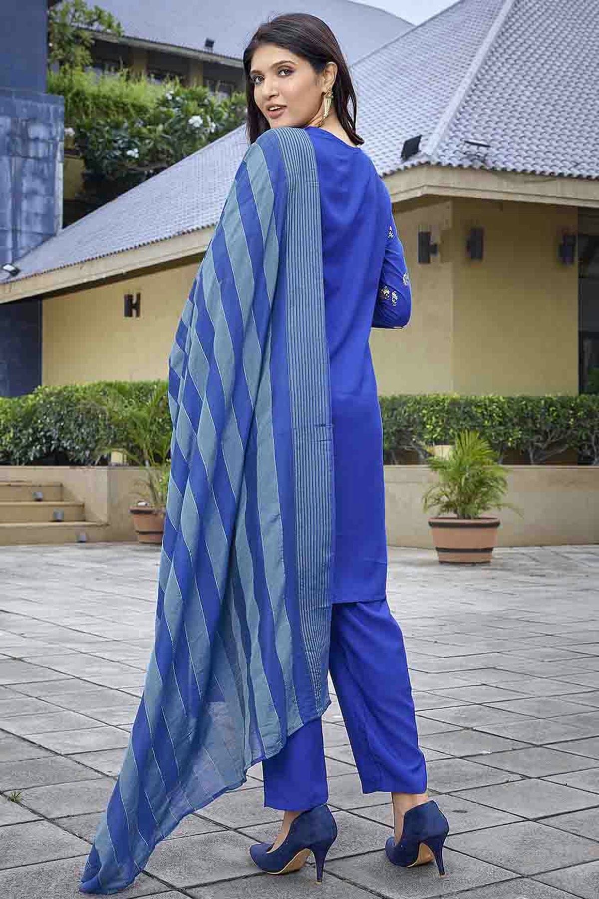 Blue Colour Crepe Foil Printed Pant Style Suit VSSS1113670