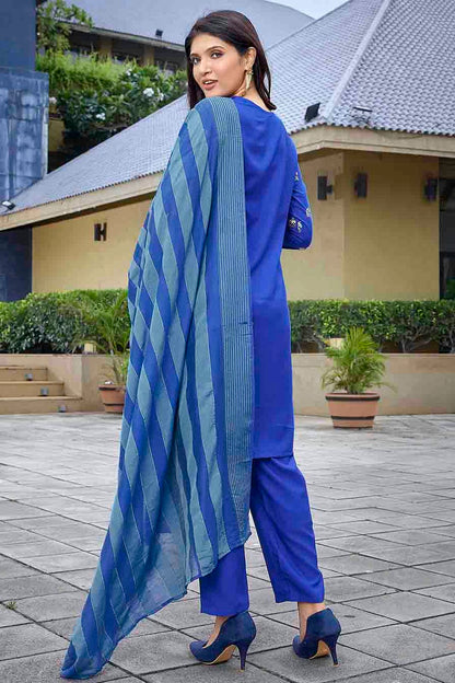 Blue Colour Crepe Foil Printed Pant Style Suit VSSS1113670