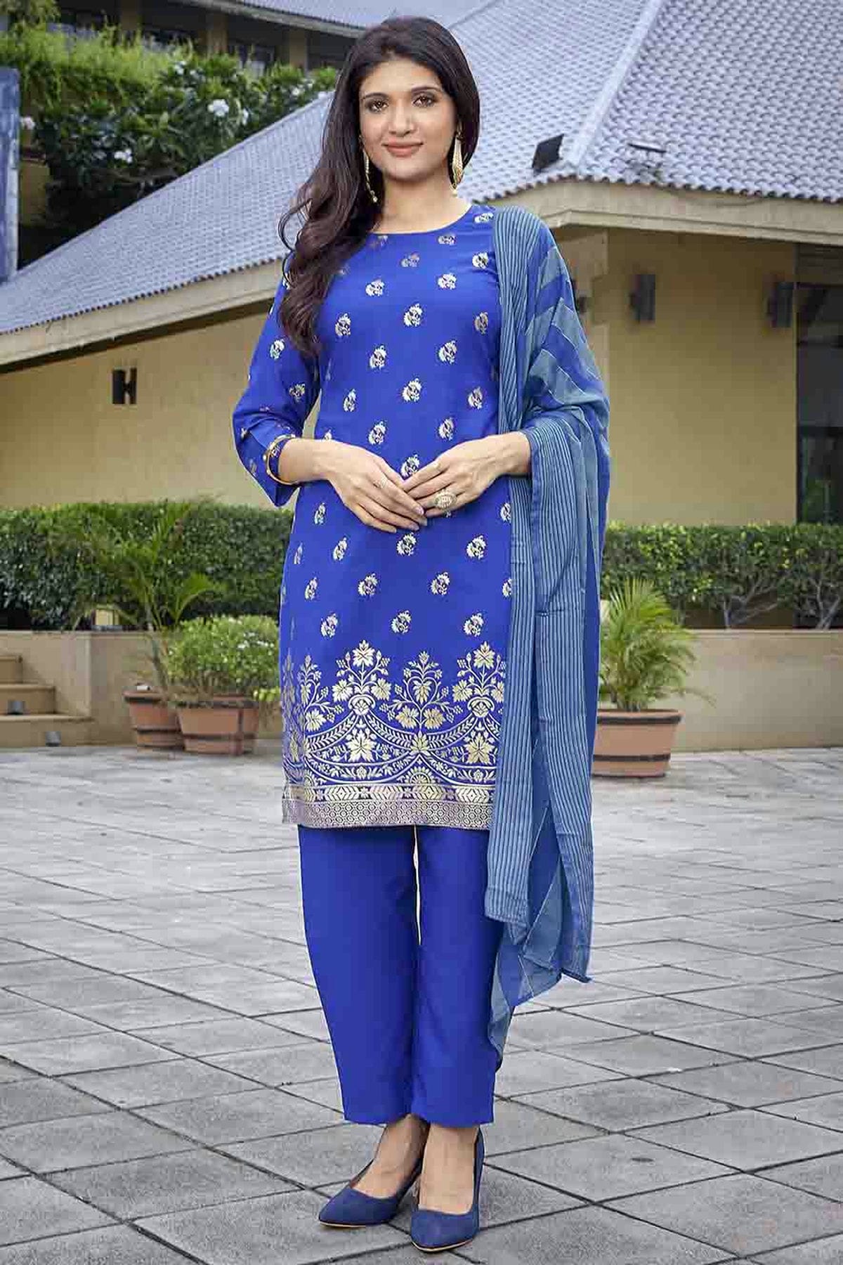 Blue Colour Crepe Foil Printed Pant Style Suit VSSS1113670