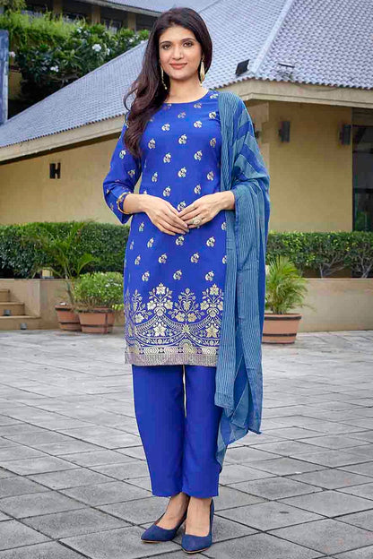 Blue Colour Crepe Foil Printed Pant Style Suit VSSS1113670
