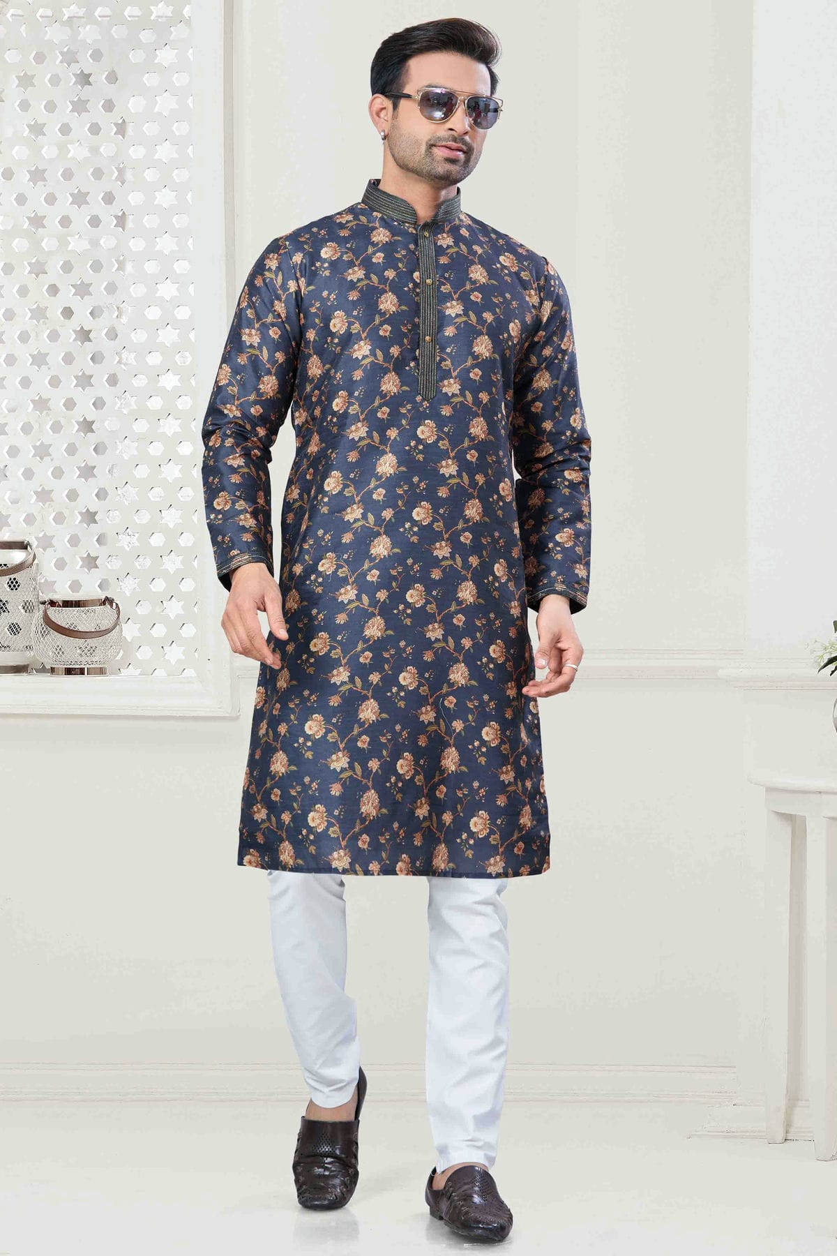 Blue Colour Digital Print Silk Kurta Pajama VSKP1113422