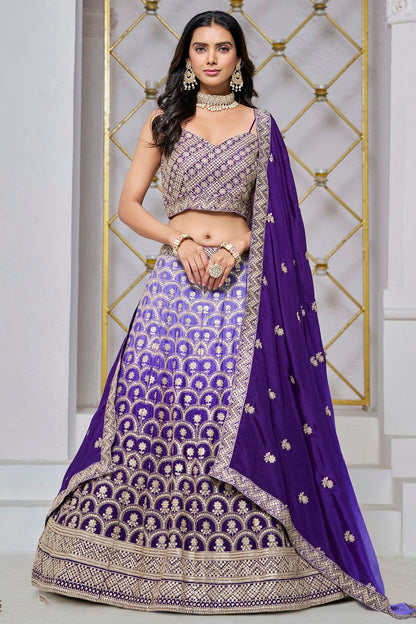 Blue Colour Embroidery Lehenga Choli In Chinon Fabric