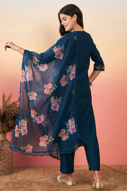 Blue Colour Embroidery Viscose Chanderi Stitched Suit
