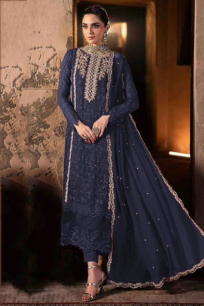 Blue Colour Faux Georgette Pakistani Suit VSSM1140892
