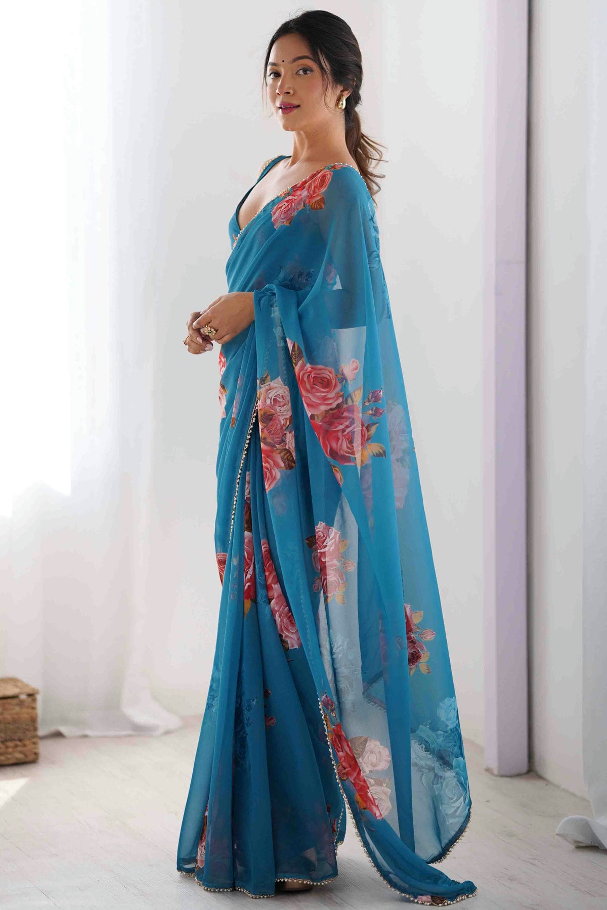 Blue Colour Georgette Hand Printed Saree VSSD1113561
