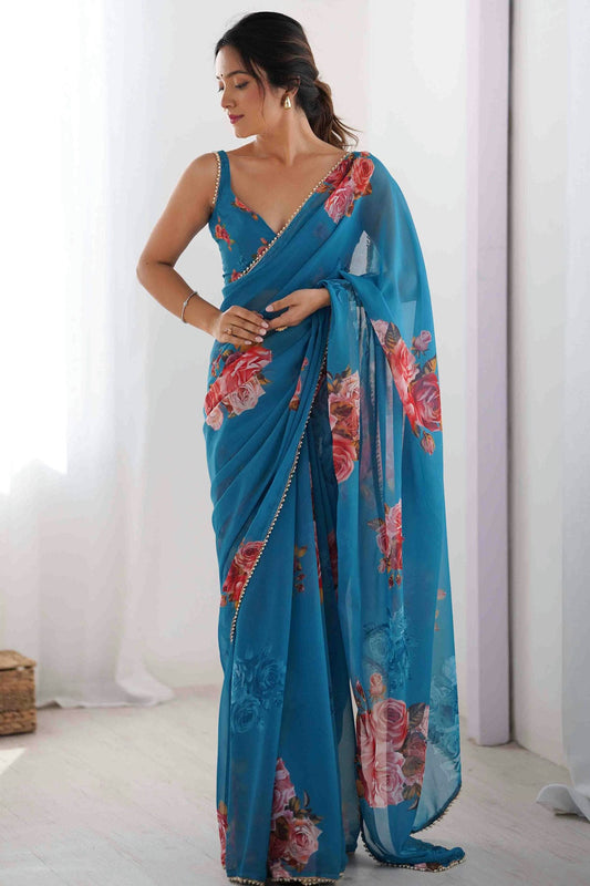 Blue Colour Georgette Hand Printed Saree VSSD1113561