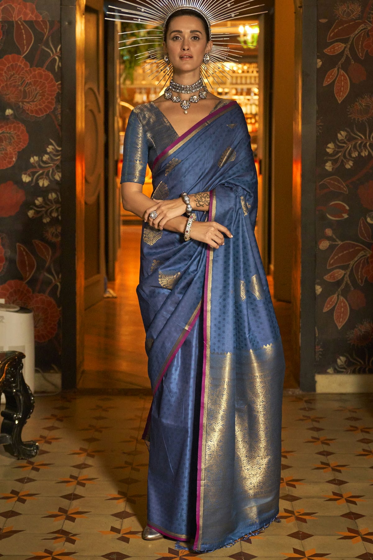Blue Colour Handloom Weaving Silk Woven Work Saree