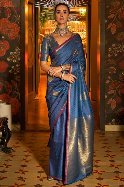 Blue Colour Handloom Weaving Silk Woven Work Saree