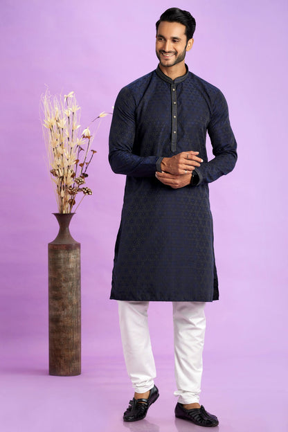 Blue Colour Jacquard Art Silk Pintex Work Kurta Pajama