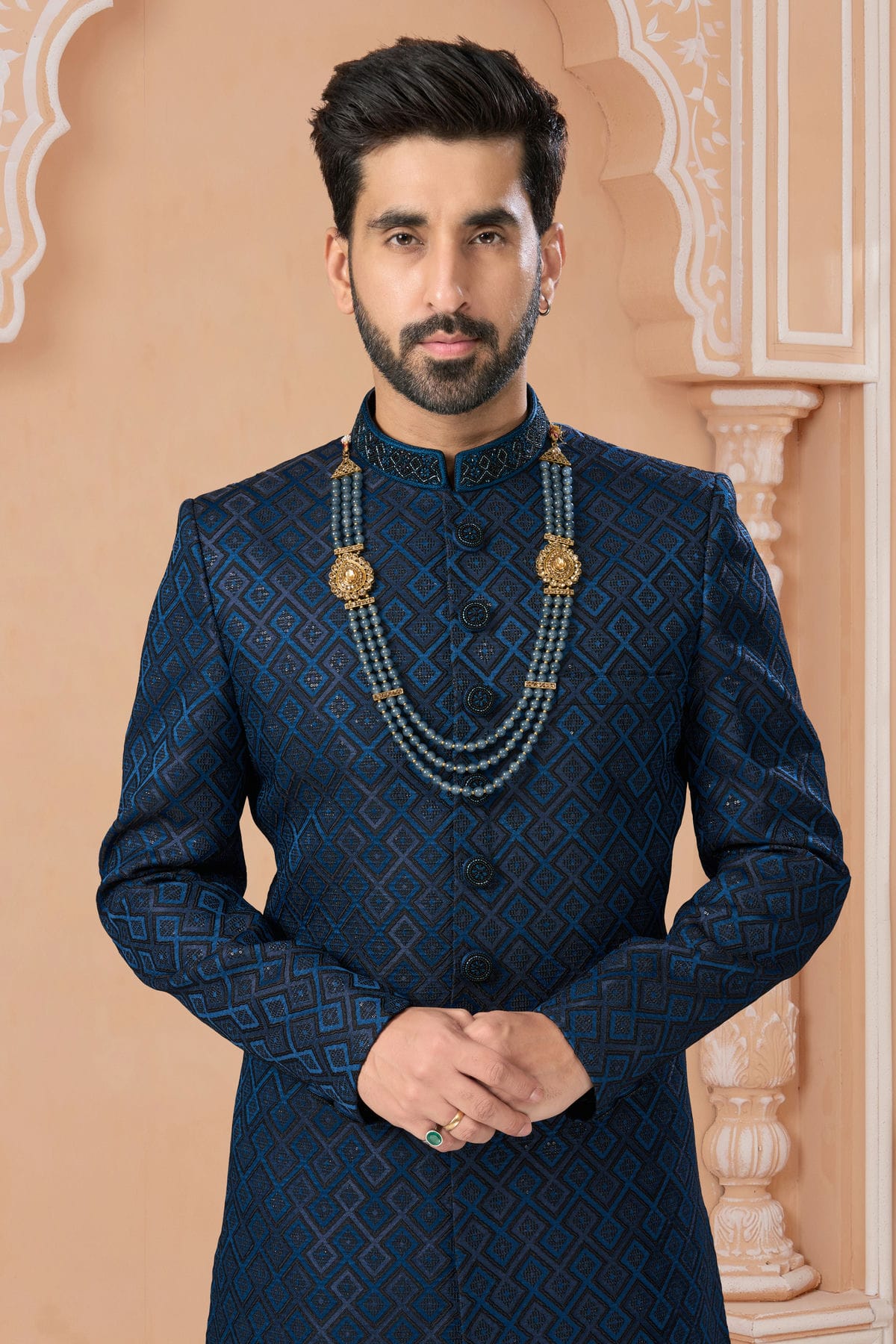 Blue Colour Jacquard Sherwani VSSH1040576