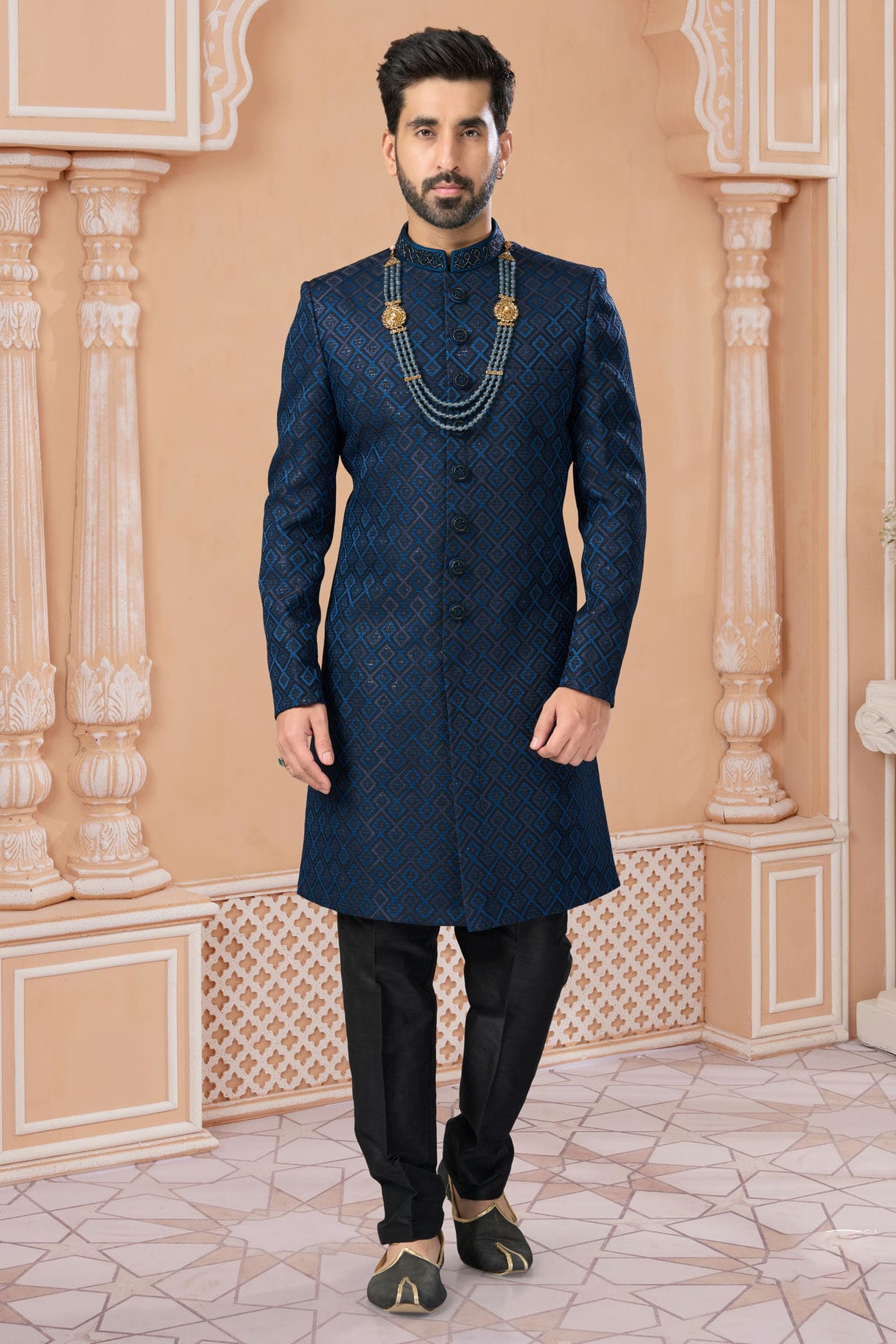 Blue Colour Jacquard Sherwani VSSH1040576