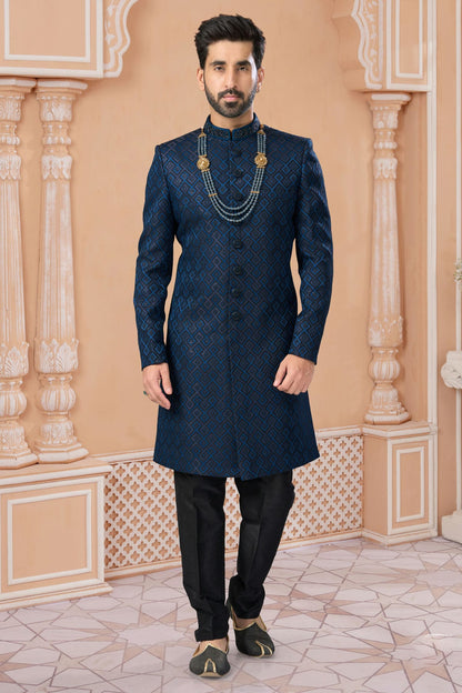 Blue Colour Jacquard Sherwani VSSH1040576