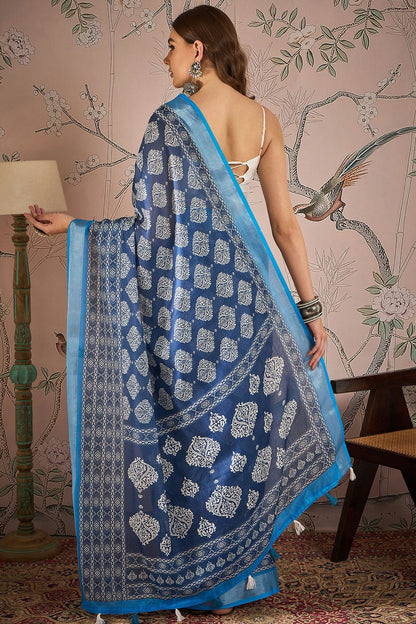 Blue Colour Linen Blend Printed Saree VSSD1111671