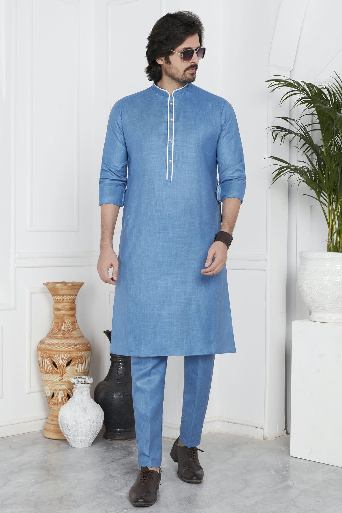 Blue Colour Linen Cotton Pintex Work Kurta Pajama VSKP1230130