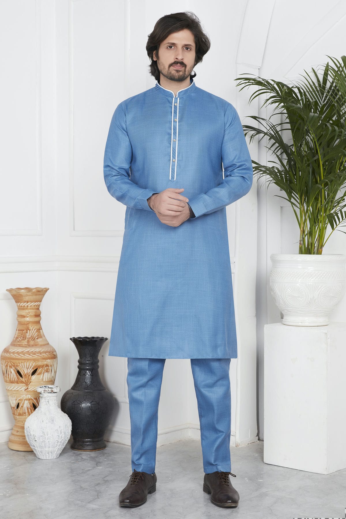 Blue Colour Linen Cotton Pintex Work Kurta Pajama