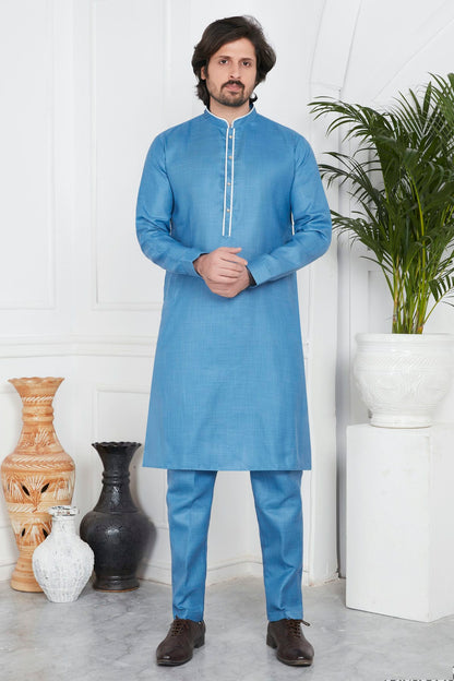 Blue Colour Linen Cotton Pintex Work Kurta Pajama