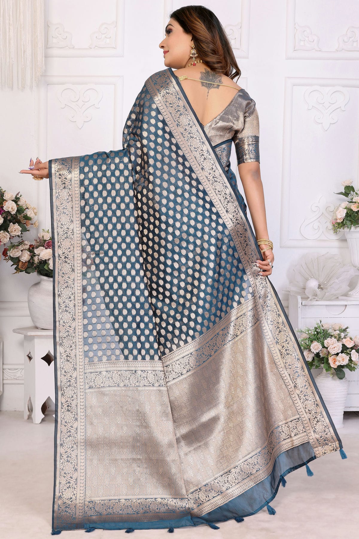 Blue Colour Organza Traditional Saree