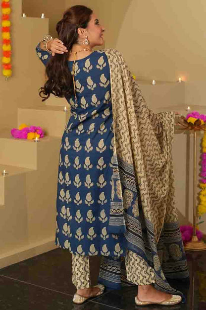 Blue Colour Roman Slub Printed Pant Style Suit VSSS1113700