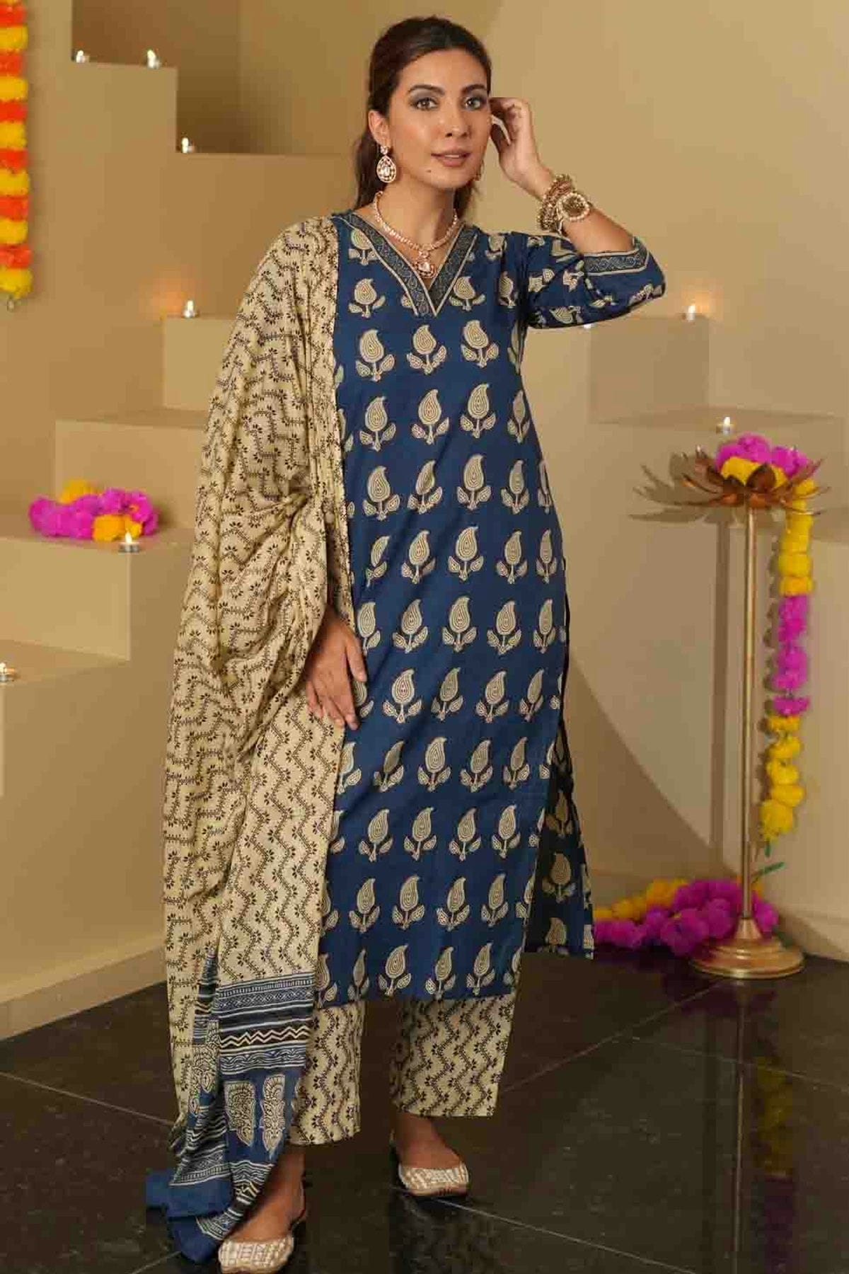 Blue Colour Roman Slub Printed Pant Style Suit VSSS1113700