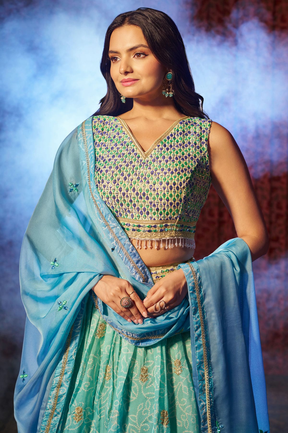 Blue Colour Semi Stitched Organza Lehenga Choli