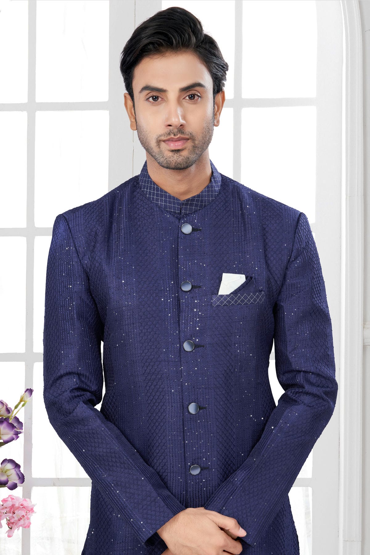 Blue Colour Silk Dupion Sherwani VSSH1040620