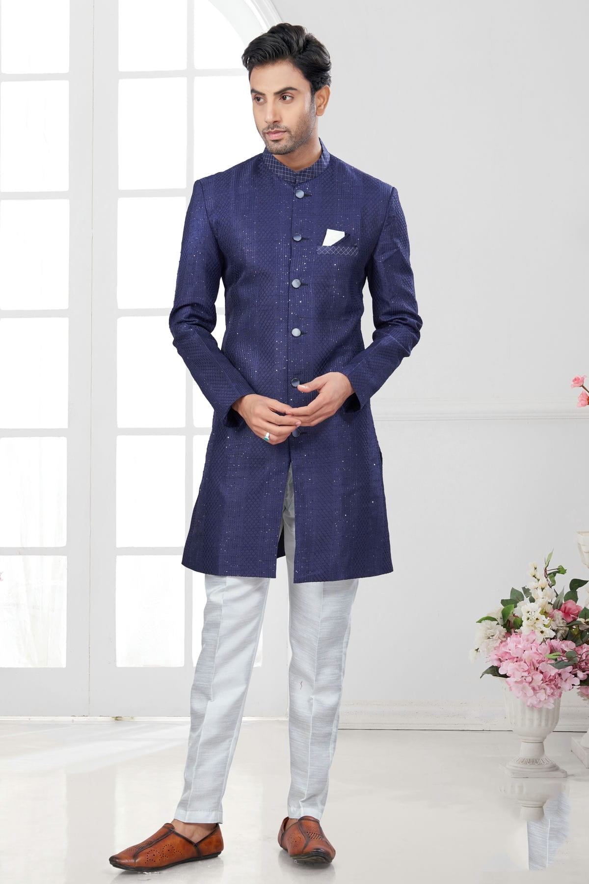 Blue Colour Silk Dupion Sherwani