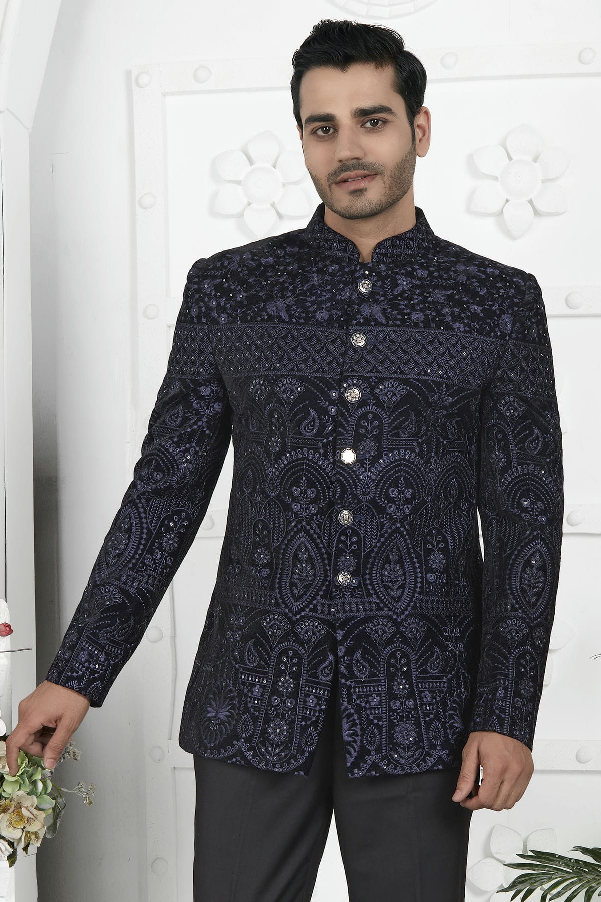 Blue Colour Velvet Jodhpuri Jacket VSJP1230113