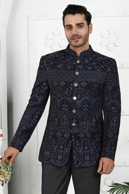 Blue Colour Velvet Jodhpuri Jacket VSJP1230113