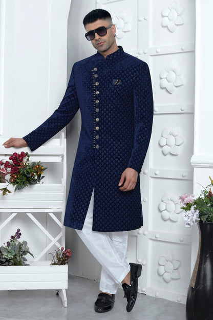 Blue Colour Velvet Silk Indowestern Sherwani With Aligadhi Pant VSSH1230027