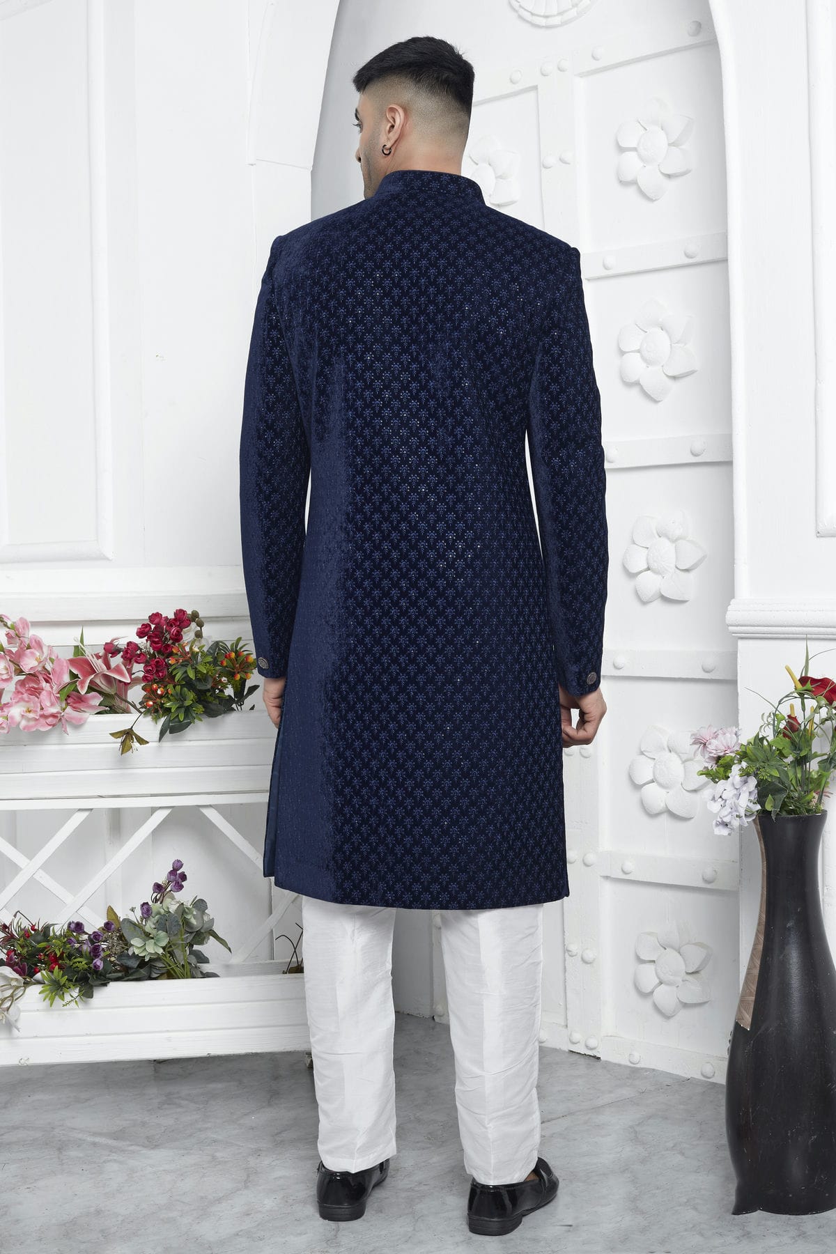 Blue Colour Velvet Silk Indowestern Sherwani With Aligadhi Pant VSSH1230027