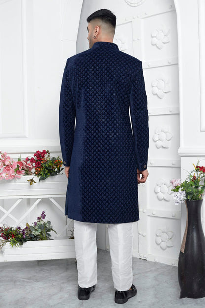 Blue Colour Velvet Silk Indowestern Sherwani With Aligadhi Pant VSSH1230027