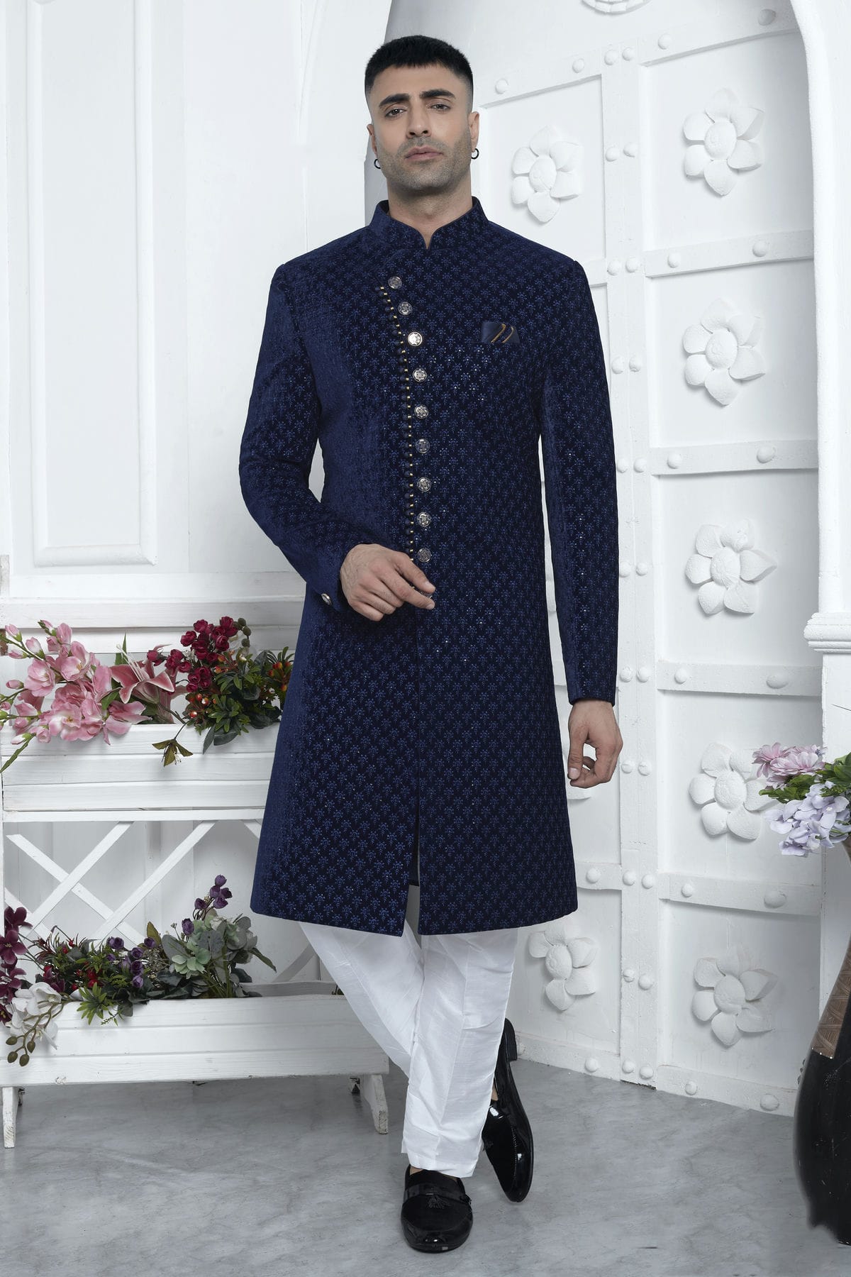 Blue Colour Velvet Silk Indowestern Sherwani With Aligadhi Pant