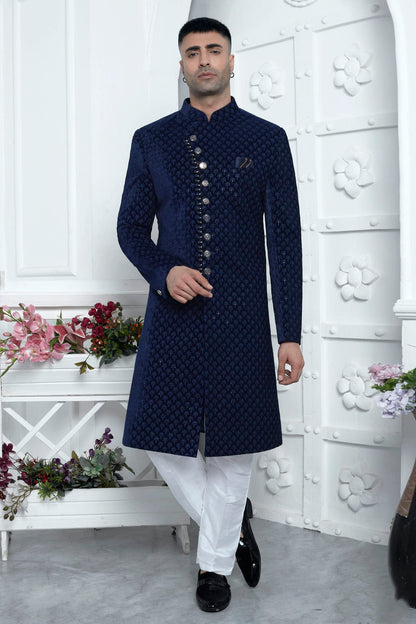 Blue Colour Velvet Silk Indowestern Sherwani With Aligadhi Pant