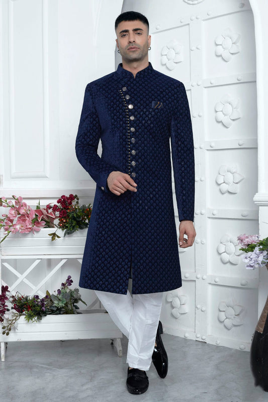 Blue Colour Velvet Silk Indowestern Sherwani With Aligadhi Pant