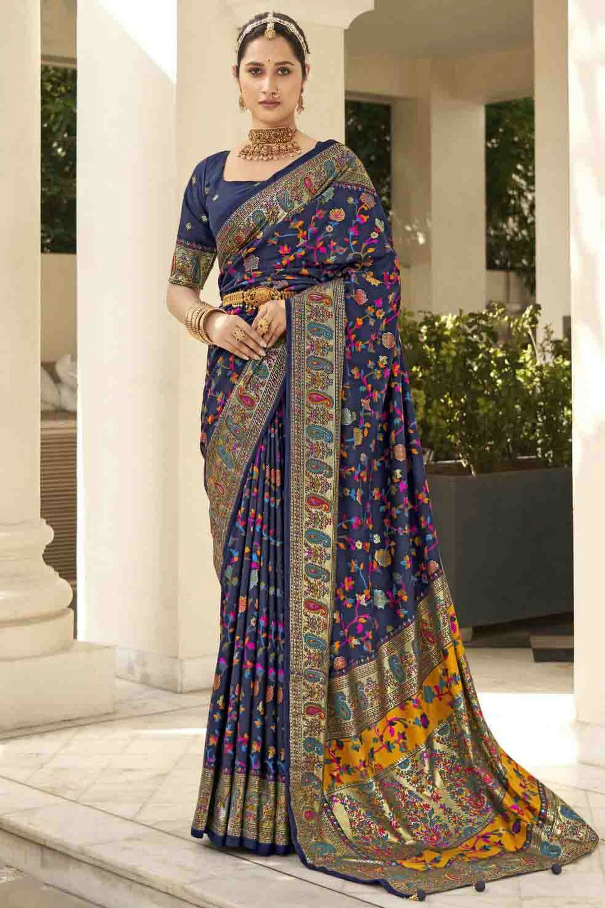 Blue Colour Velvet Tussar Silk Floral Printed Traditional Sarees VSSD1113754