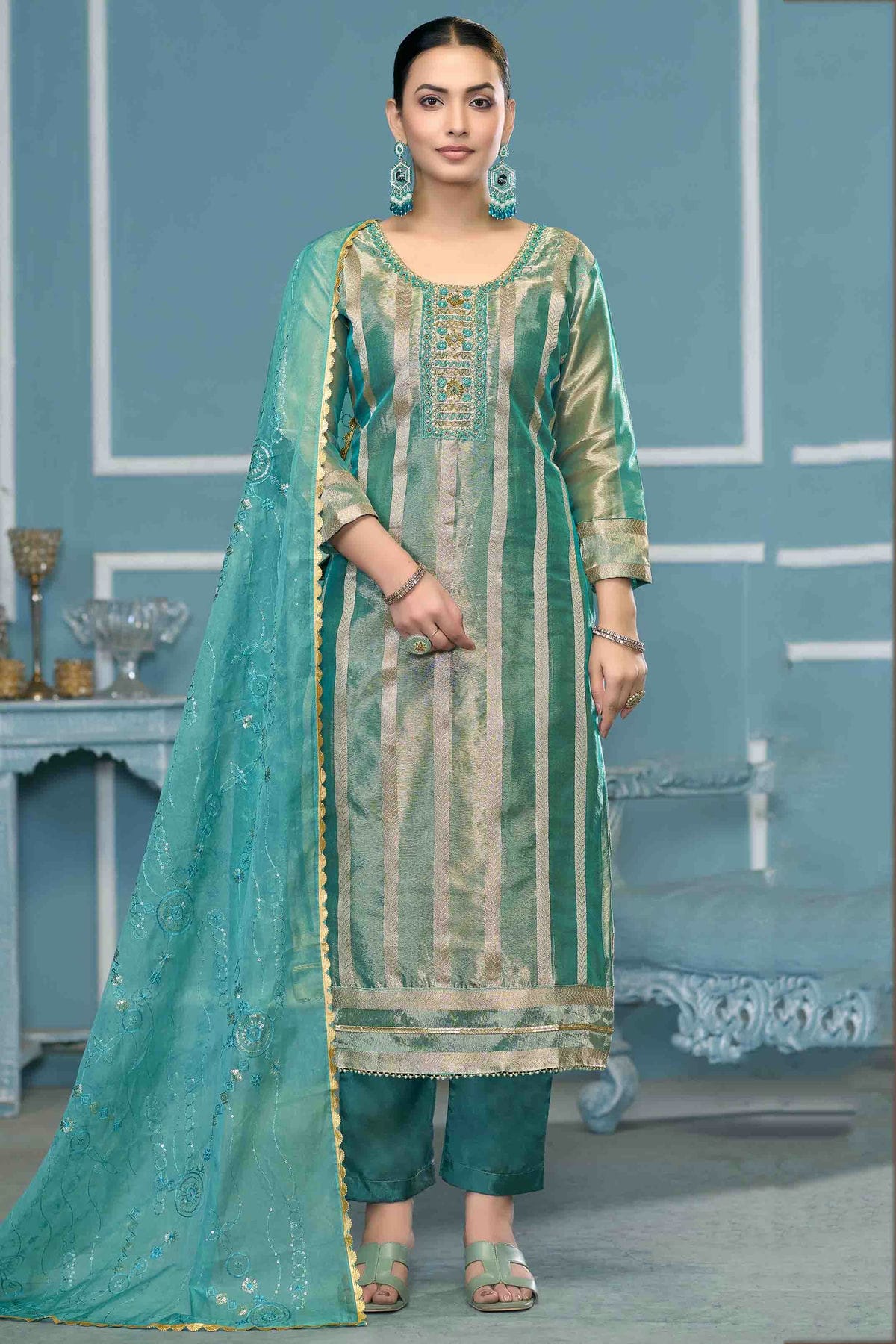 Blue Colour Viscose Organza Pant Style Suit VSSM1113196