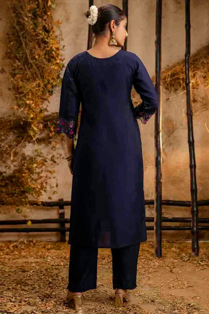 Blue Colour Viscose Roman Silk Embroidery Pant Style Suit VSSS1113652