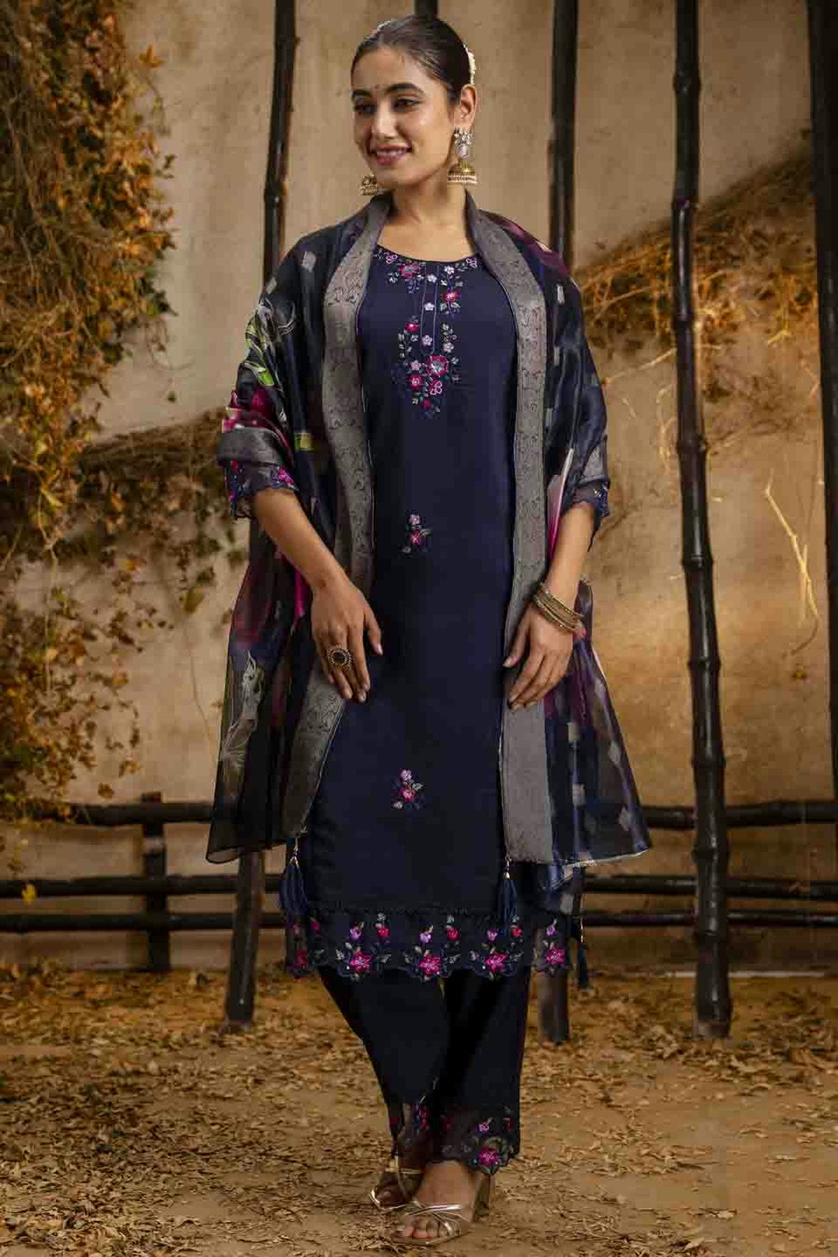Blue Colour Viscose Roman Silk Embroidery Pant Style Suit VSSS1113652