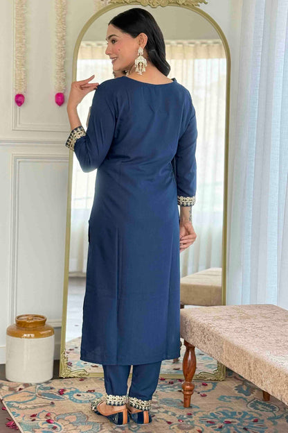 Blue Colour Viscose Slub Stitched Suit